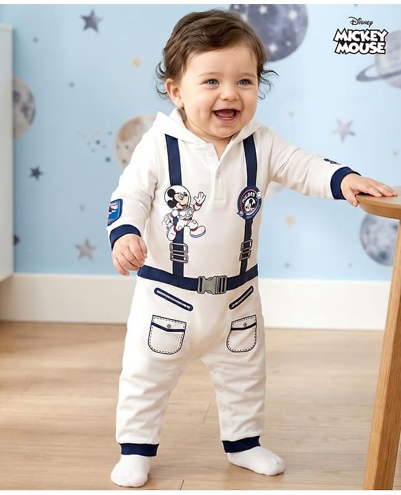 Babyhug Disney Interlock Knit Full Sleeves Hooded Romper With Mickey Mouse Graphics & Badge Detailing - White