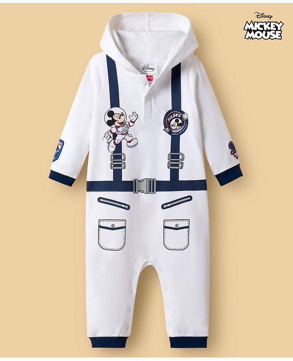 Babyhug Disney Interlock Knit Full Sleeves Hooded Romper With Mickey Mouse Graphics & Badge Detailing - White