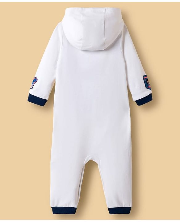 Babyhug Disney Interlock Knit Full Sleeves Hooded Romper With Mickey Mouse Graphics & Badge Detailing - White
