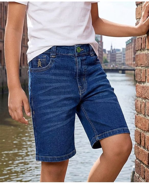Pine Kids Denim Woven Washed Above Knee Length Shorts - Blue