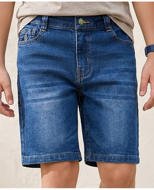 Pine Kids Denim Woven Washed Above Knee Length Shorts - Dark Blue