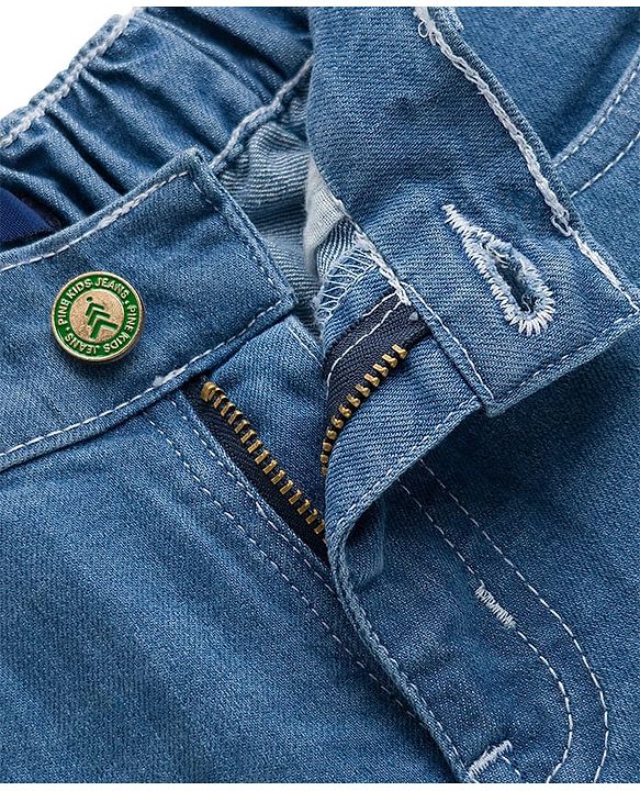 Pine Kids Denim Woven Washed Above Knee Length Shorts with Good Vibes Embroidery- Blue