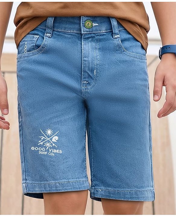 Pine Kids Denim Woven Washed Above Knee Length Shorts with Good Vibes Embroidery- Blue