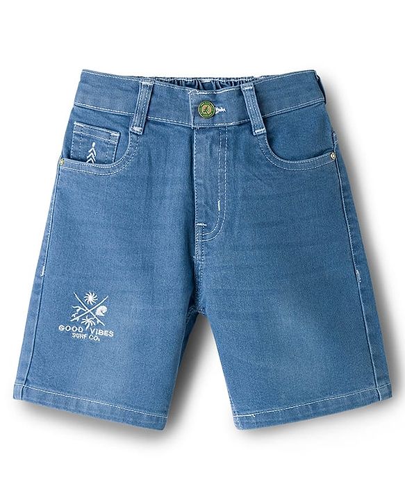 Pine Kids Denim Woven Washed Above Knee Length Shorts with Good Vibes Embroidery- Blue