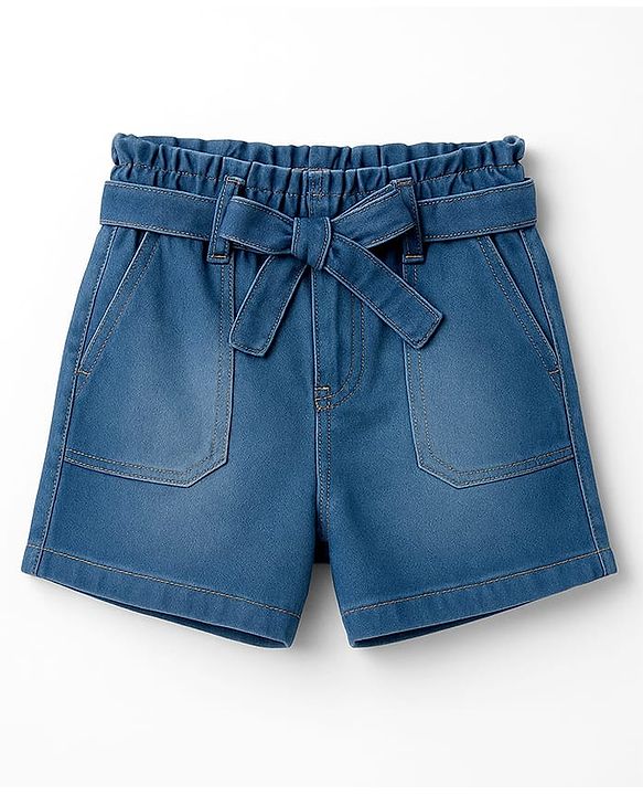 Pine Kids Woven Above Knee Length Shorts with Fabric Belt & Bow Detailing - Navy Blue