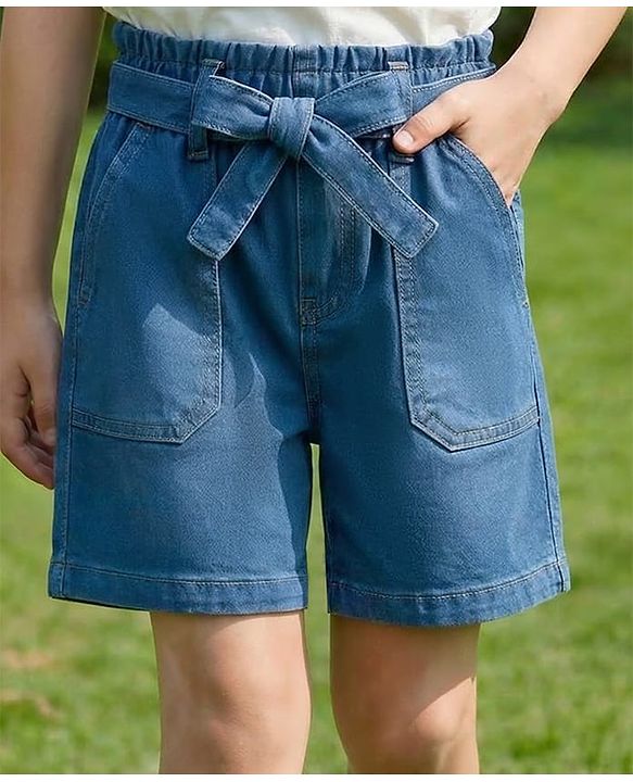 Pine Kids Woven Above Knee Length Shorts with Fabric Belt & Bow Detailing - Navy Blue