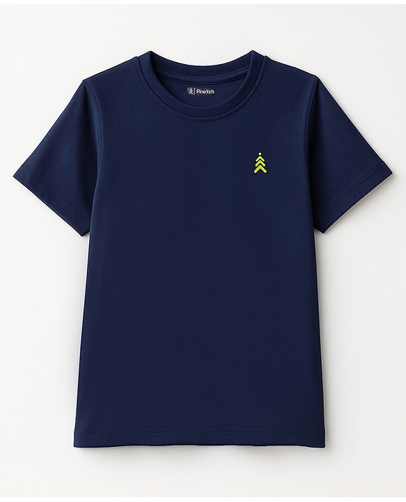 Pine Kids Cotton Knit Half Sleeves T-Shirt With Brand Logo Print - Navy Blue