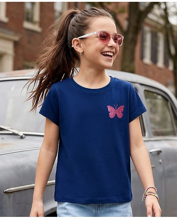 Pine Kids Cotton Knit Half Sleeves T-Shirt Butterfly Print - Navy Blue