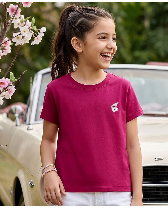 Pine Kids Cotton Knit Half Sleeves T-Shirt Butterfly Print - Navy Blue