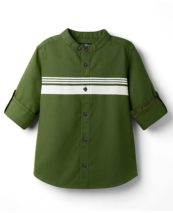 Pine Kids Cotton Woven Full Sleeves Solid Shirt with Stripes - Olive Green