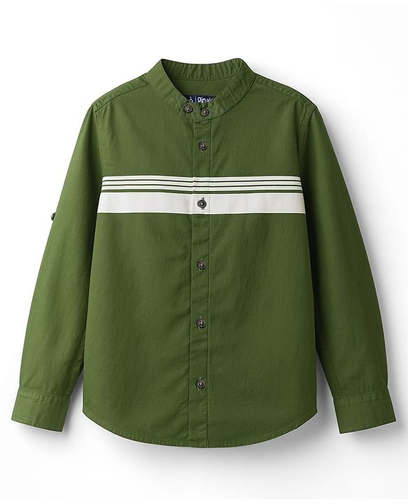 Pine Kids Cotton Woven Full Sleeves Solid Shirt with Stripes - Olive Green