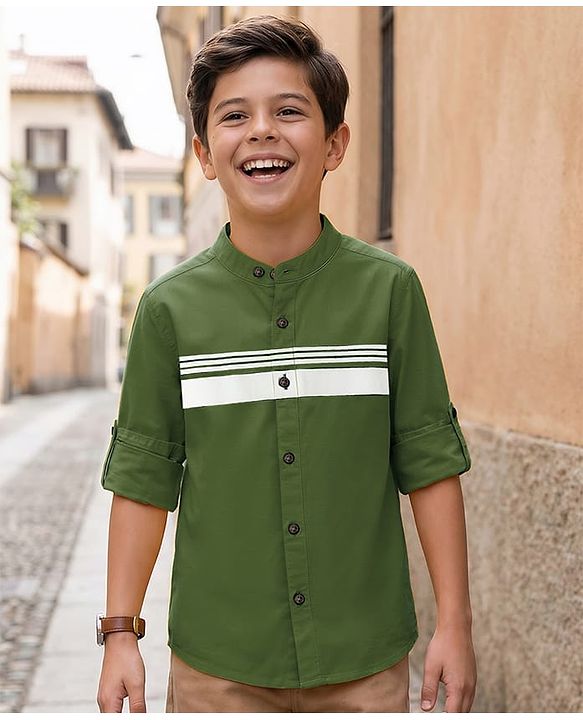 Pine Kids Cotton Woven Full Sleeves Solid Shirt with Stripes - Olive Green