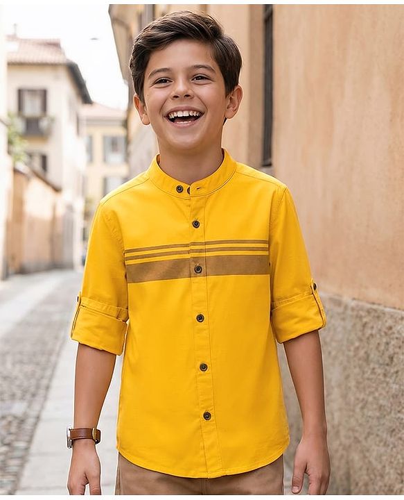 Pine Kids Cotton Woven Full Sleeves Solid Shirt with Stripes - Olive Green