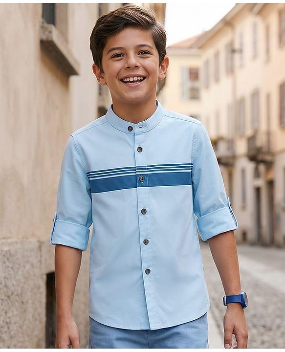 Pine Kids Cotton Woven Full Sleeves Solid Shirt with Stripes - Olive Green