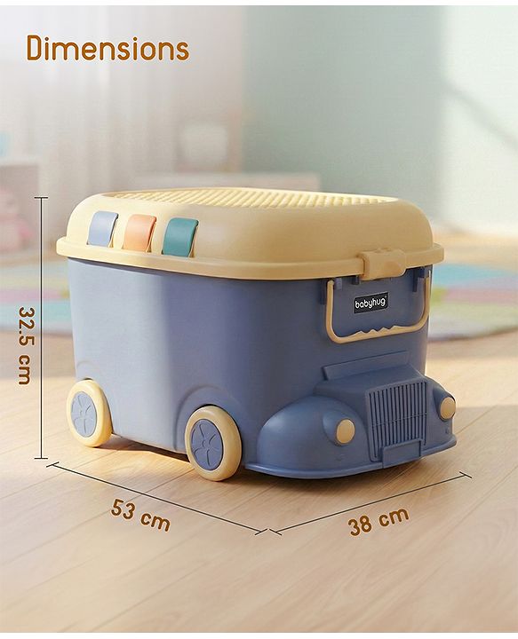 Babyhug Multipurpose Storage Box with Wheels for Kids Truck Theme - Classic Blue| Toy Storage Organizer with Pull Along Handle| Clip Lock Lid| Use as Ride-On & Building Block Tray| Kids Room Storage