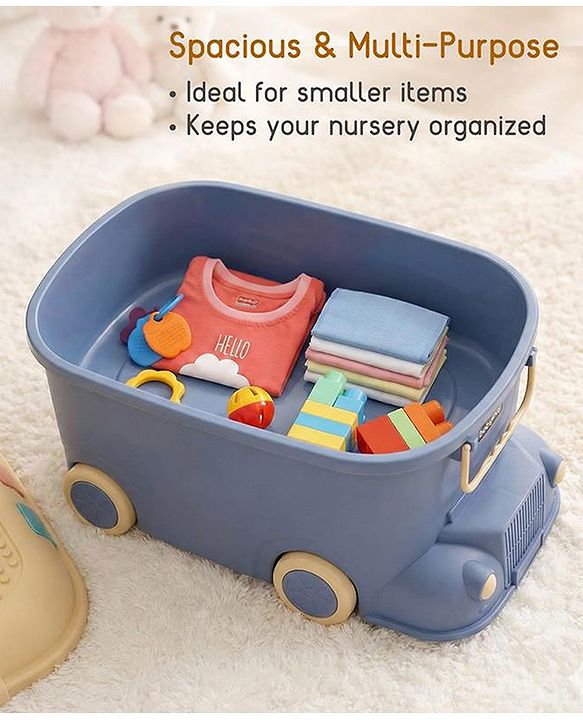 Babyhug Multipurpose Storage Box with Wheels for Kids Truck Theme - Classic Blue| Toy Storage Organizer with Pull Along Handle| Clip Lock Lid| Use as Ride-On & Building Block Tray| Kids Room Storage