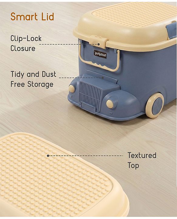 Babyhug Multipurpose Storage Box with Wheels for Kids Truck Theme - Classic Blue| Toy Storage Organizer with Pull Along Handle| Clip Lock Lid| Use as Ride-On & Building Block Tray| Kids Room Storage