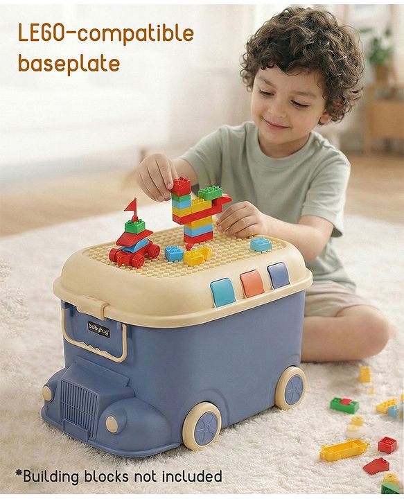 Babyhug Multipurpose Storage Box with Wheels for Kids Truck Theme - Classic Blue| Toy Storage Organizer with Pull Along Handle| Clip Lock Lid| Use as Ride-On & Building Block Tray| Kids Room Storage