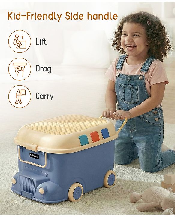 Babyhug Multipurpose Storage Box with Wheels for Kids Truck Theme - Classic Blue| Toy Storage Organizer with Pull Along Handle| Clip Lock Lid| Use as Ride-On & Building Block Tray| Kids Room Storage