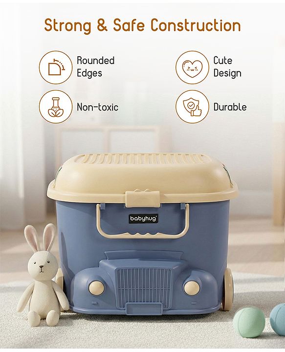 Babyhug Multipurpose Storage Box with Wheels for Kids Truck Theme - Classic Blue| Toy Storage Organizer with Pull Along Handle| Clip Lock Lid| Use as Ride-On & Building Block Tray| Kids Room Storage