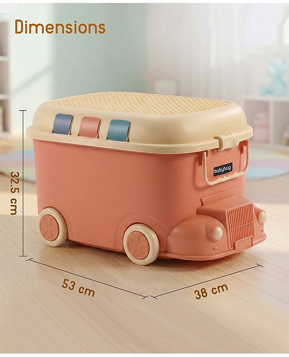 Babyhug Multipurpose Storage Box with Wheels for Kids Truck Theme - Classic Blue| Toy Storage Organizer with Pull Along Handle| Clip Lock Lid| Use as Ride-On & Building Block Tray| Kids Room Storage