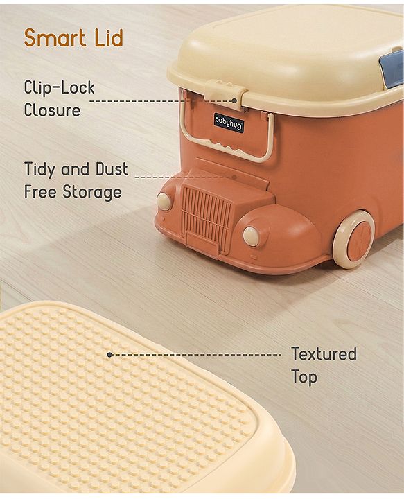 Babyhug Multipurpose Storage Box with Wheels for Kids Truck Theme - Classic Blue| Toy Storage Organizer with Pull Along Handle| Clip Lock Lid| Use as Ride-On & Building Block Tray| Kids Room Storage