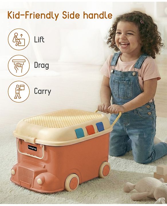 Babyhug Multipurpose Storage Box with Wheels for Kids Truck Theme - Classic Blue| Toy Storage Organizer with Pull Along Handle| Clip Lock Lid| Use as Ride-On & Building Block Tray| Kids Room Storage