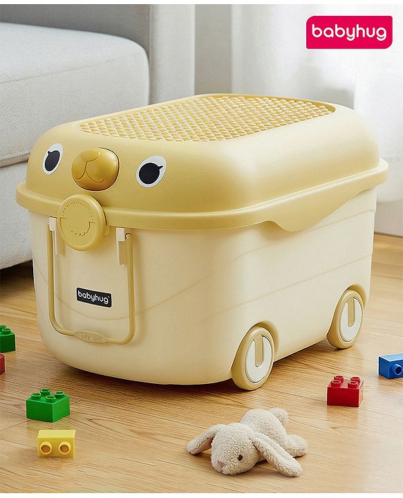 Babyhug Multipurpose Storage Box with Wheels for Kids Animal Theme Pastel Yellow| Toy Storage Organizer with Pull Along Handle| Clip Lock Lid| Use as Ride-On & Building Block Tray| Kids Room Storage