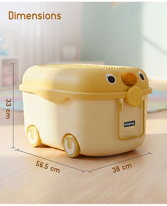 Babyhug Multipurpose Storage Box with Wheels for Kids Animal Theme Pastel Yellow| Toy Storage Organizer with Pull Along Handle| Clip Lock Lid| Use as Ride-On & Building Block Tray| Kids Room Storage