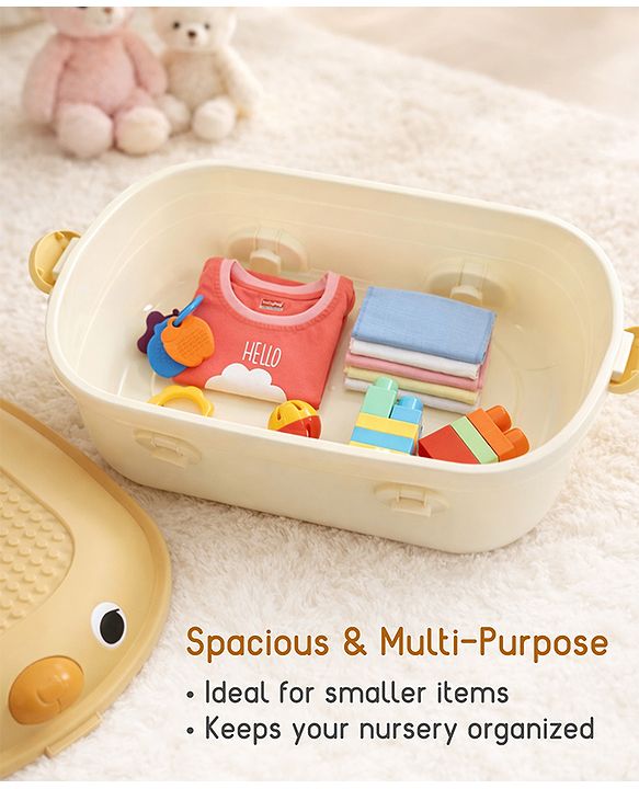 Babyhug Multipurpose Storage Box with Wheels for Kids Animal Theme Pastel Yellow| Toy Storage Organizer with Pull Along Handle| Clip Lock Lid| Use as Ride-On & Building Block Tray| Kids Room Storage