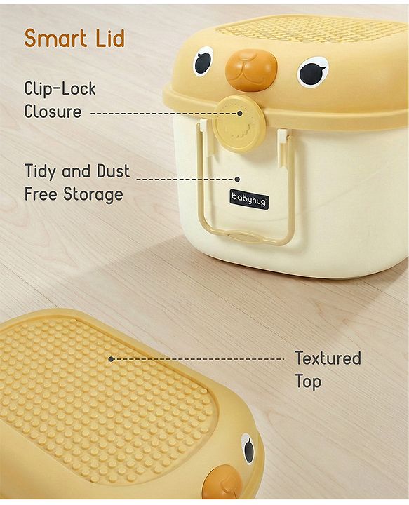 Babyhug Multipurpose Storage Box with Wheels for Kids Animal Theme Pastel Yellow| Toy Storage Organizer with Pull Along Handle| Clip Lock Lid| Use as Ride-On & Building Block Tray| Kids Room Storage