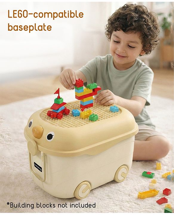 Babyhug Multipurpose Storage Box with Wheels for Kids Animal Theme Pastel Yellow| Toy Storage Organizer with Pull Along Handle| Clip Lock Lid| Use as Ride-On & Building Block Tray| Kids Room Storage