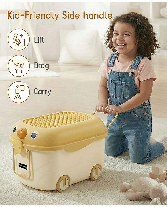 Babyhug Multipurpose Storage Box with Wheels for Kids Animal Theme Pastel Yellow| Toy Storage Organizer with Pull Along Handle| Clip Lock Lid| Use as Ride-On & Building Block Tray| Kids Room Storage