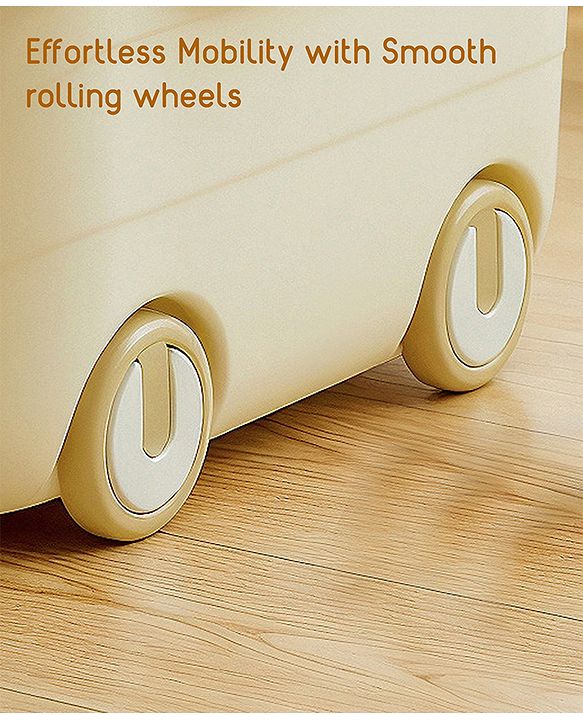 Babyhug Multipurpose Storage Box with Wheels for Kids Animal Theme Pastel Yellow| Toy Storage Organizer with Pull Along Handle| Clip Lock Lid| Use as Ride-On & Building Block Tray| Kids Room Storage