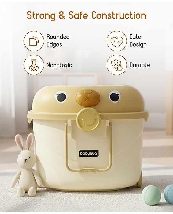 Babyhug Multipurpose Storage Box with Wheels for Kids Animal Theme Pastel Yellow| Toy Storage Organizer with Pull Along Handle| Clip Lock Lid| Use as Ride-On & Building Block Tray| Kids Room Storage