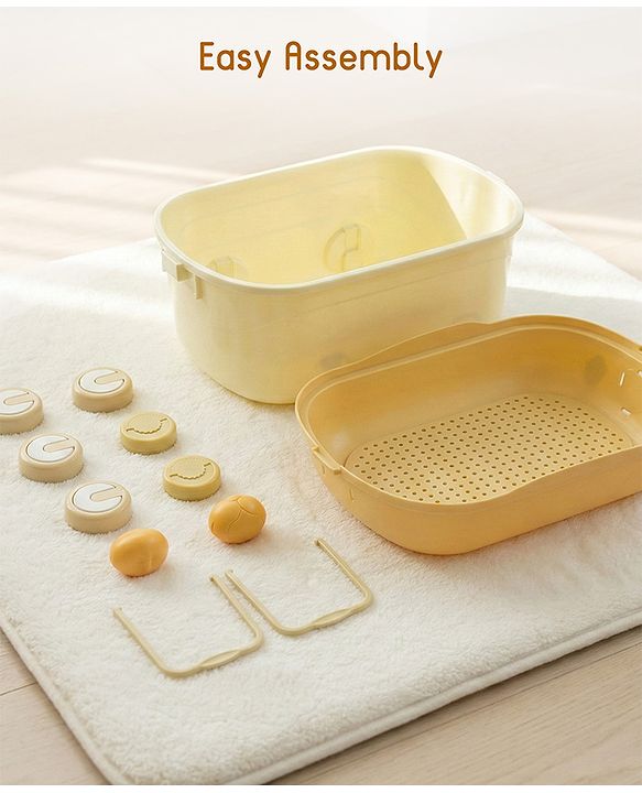Babyhug Multipurpose Storage Box with Wheels for Kids Animal Theme Pastel Yellow| Toy Storage Organizer with Pull Along Handle| Clip Lock Lid| Use as Ride-On & Building Block Tray| Kids Room Storage