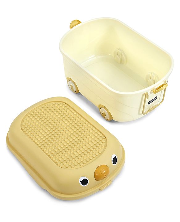 Babyhug Multipurpose Storage Box with Wheels for Kids Animal Theme Pastel Yellow| Toy Storage Organizer with Pull Along Handle| Clip Lock Lid| Use as Ride-On & Building Block Tray| Kids Room Storage