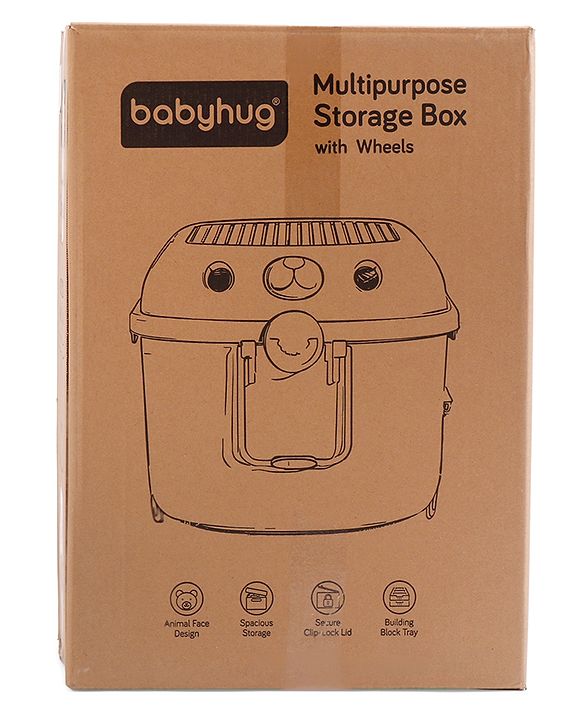 Babyhug Multipurpose Storage Box with Wheels for Kids Animal Theme Pastel Yellow| Toy Storage Organizer with Pull Along Handle| Clip Lock Lid| Use as Ride-On & Building Block Tray| Kids Room Storage