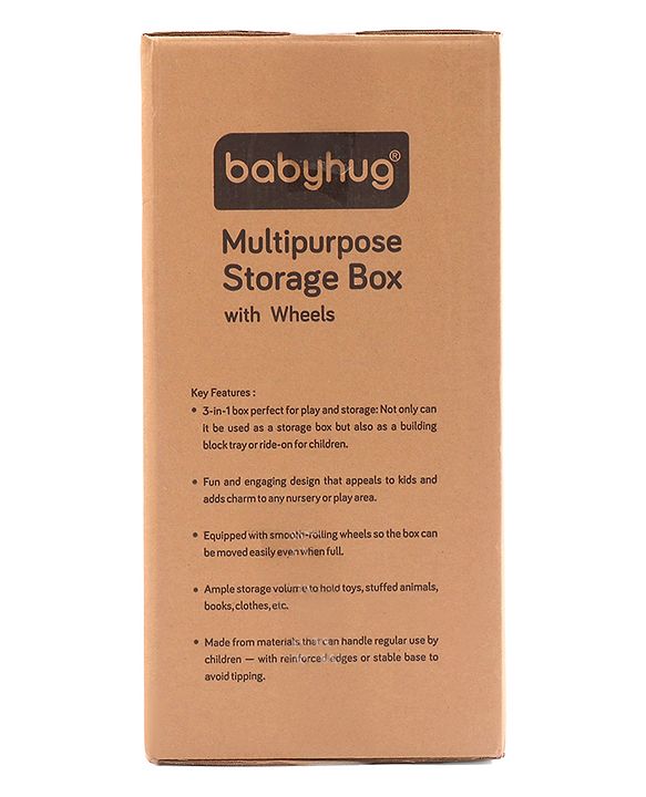 Babyhug Multipurpose Storage Box with Wheels for Kids Animal Theme Pastel Yellow| Toy Storage Organizer with Pull Along Handle| Clip Lock Lid| Use as Ride-On & Building Block Tray| Kids Room Storage