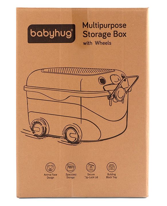 Babyhug Multipurpose Storage Box with Wheels for Kids Animal Theme Pastel Yellow| Toy Storage Organizer with Pull Along Handle| Clip Lock Lid| Use as Ride-On & Building Block Tray| Kids Room Storage