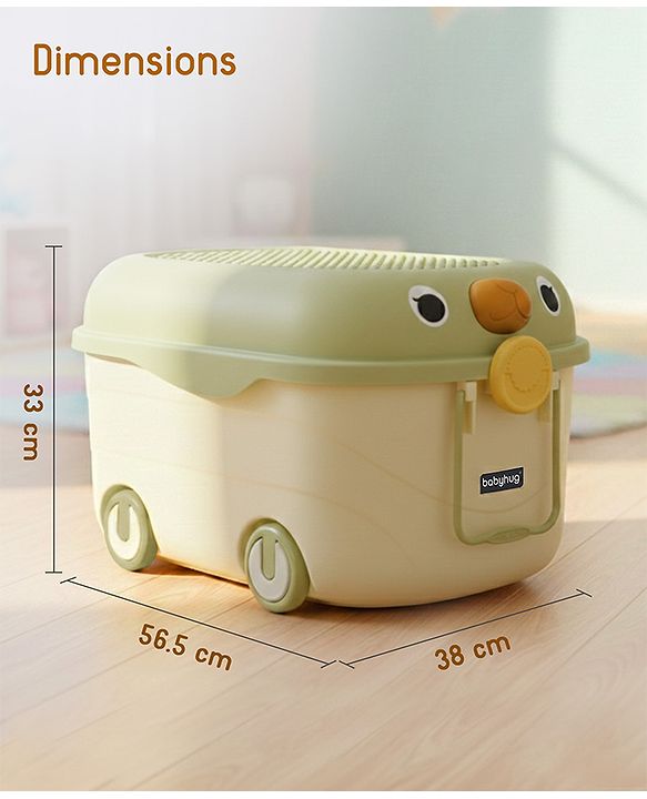 Babyhug Multipurpose Storage Box with Wheels for Kids Animal Theme Pastel Green| Toy Storage Organizer with Pull Along Handle| Clip Lock Lid| Use as Ride-On & Building Block Tray| Kids Room Storage