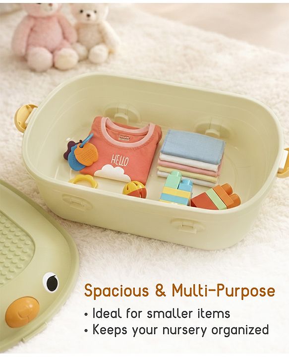 Babyhug Multipurpose Storage Box with Wheels for Kids Animal Theme Pastel Green| Toy Storage Organizer with Pull Along Handle| Clip Lock Lid| Use as Ride-On & Building Block Tray| Kids Room Storage