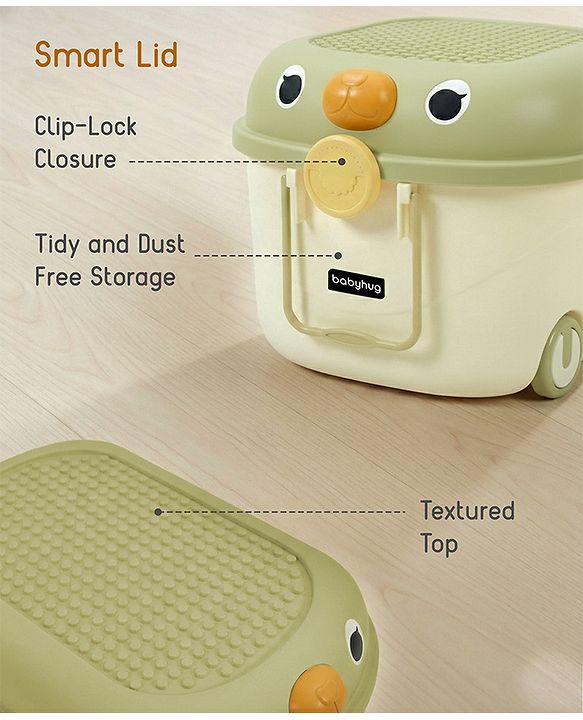 Babyhug Multipurpose Storage Box with Wheels for Kids Animal Theme Pastel Green| Toy Storage Organizer with Pull Along Handle| Clip Lock Lid| Use as Ride-On & Building Block Tray| Kids Room Storage