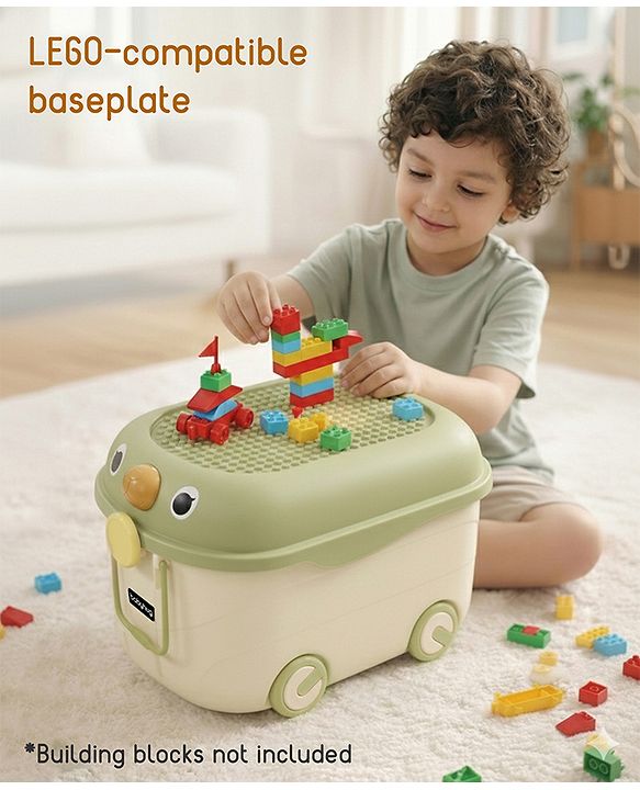 Babyhug Multipurpose Storage Box with Wheels for Kids Animal Theme Pastel Green| Toy Storage Organizer with Pull Along Handle| Clip Lock Lid| Use as Ride-On & Building Block Tray| Kids Room Storage