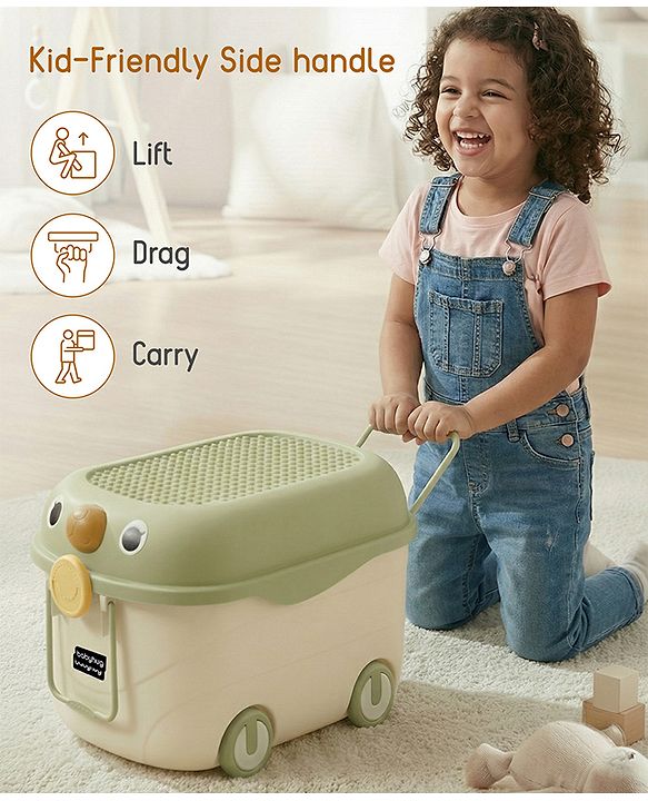 Babyhug Multipurpose Storage Box with Wheels for Kids Animal Theme Pastel Green| Toy Storage Organizer with Pull Along Handle| Clip Lock Lid| Use as Ride-On & Building Block Tray| Kids Room Storage