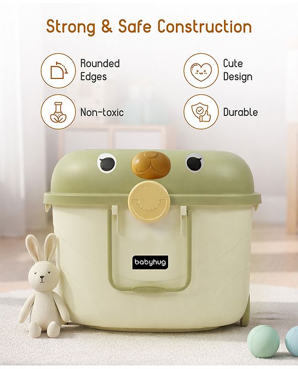 Babyhug Multipurpose Storage Box with Wheels for Kids Animal Theme Pastel Green| Toy Storage Organizer with Pull Along Handle| Clip Lock Lid| Use as Ride-On & Building Block Tray| Kids Room Storage
