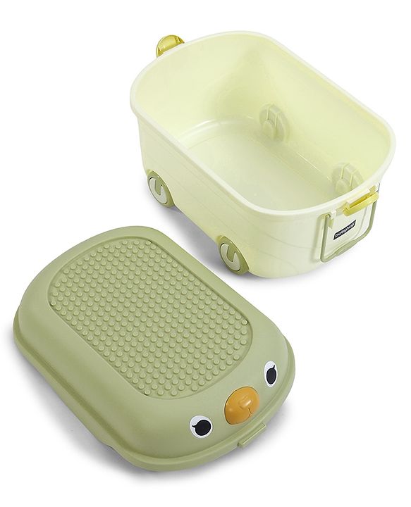Babyhug Multipurpose Storage Box with Wheels for Kids Animal Theme Pastel Green| Toy Storage Organizer with Pull Along Handle| Clip Lock Lid| Use as Ride-On & Building Block Tray| Kids Room Storage
