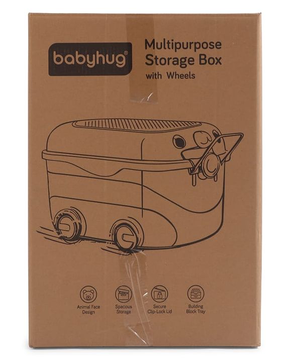 Babyhug Multipurpose Storage Box with Wheels for Kids Animal Theme Pastel Green| Toy Storage Organizer with Pull Along Handle| Clip Lock Lid| Use as Ride-On & Building Block Tray| Kids Room Storage