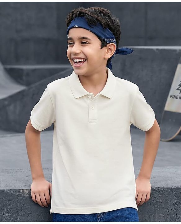 Pine Kids Cotton Knit Half Sleeves Solid Colour Polo T-Shirt - White