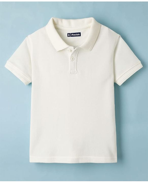 Pine Kids Cotton Knit Half Sleeves Solid Colour Polo T-Shirt - White